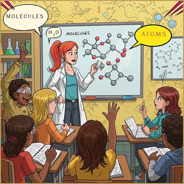 Teacher giving class a lesson on atoms and molecules